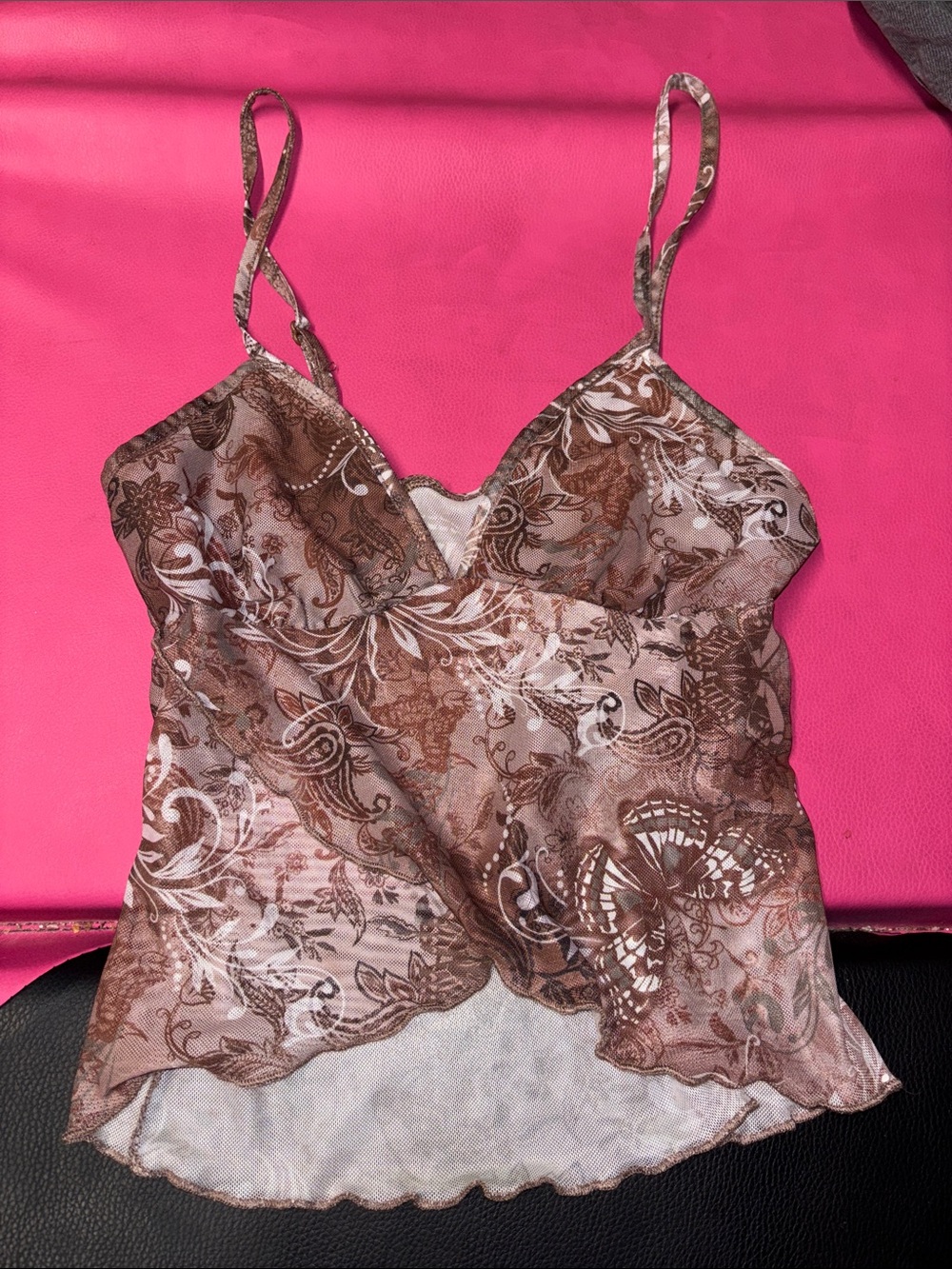 Sheer Floral Brown Lace Trim Cami Tank Top